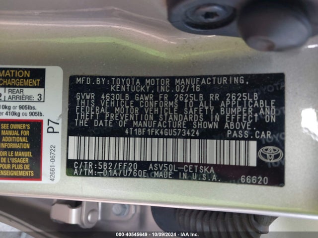 Toyota CAMRY SE 2016 4T1BF1FK4GU573424 Image 9