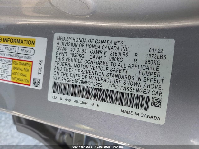 Honda CIVIC EX 2022 2HGFE1F79NH313929 Image 9
