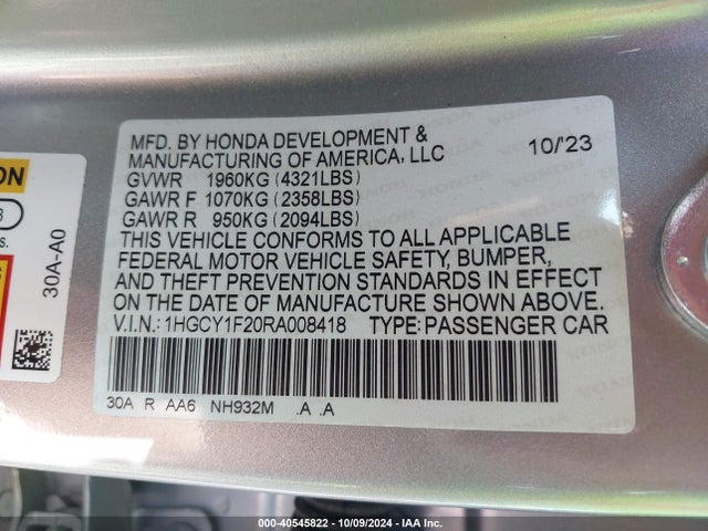 Honda ACCORD LX 2024 1HGCY1F20RA008418 Image 9