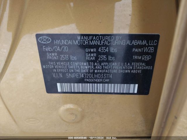 5NPEJ4J20LH033114 Hyundai Sonata Sel Plus