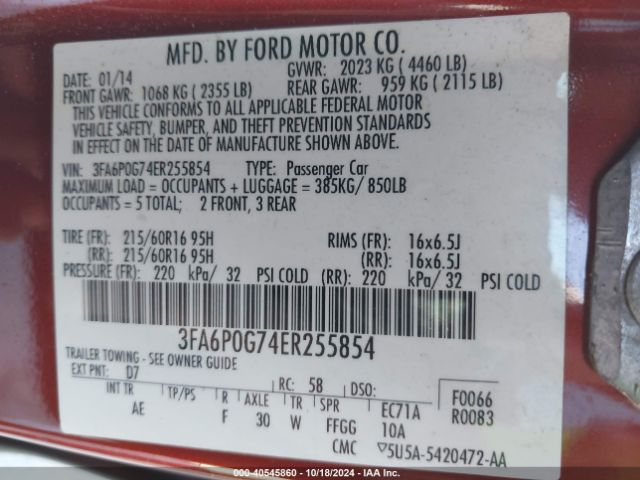3FA6P0G74ER255854 Ford FUSION S