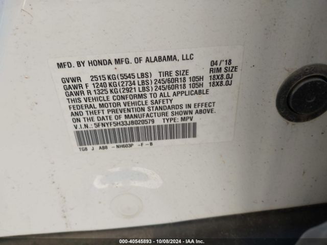 5FNYF5H33JB020579 Honda Pilot Ex
