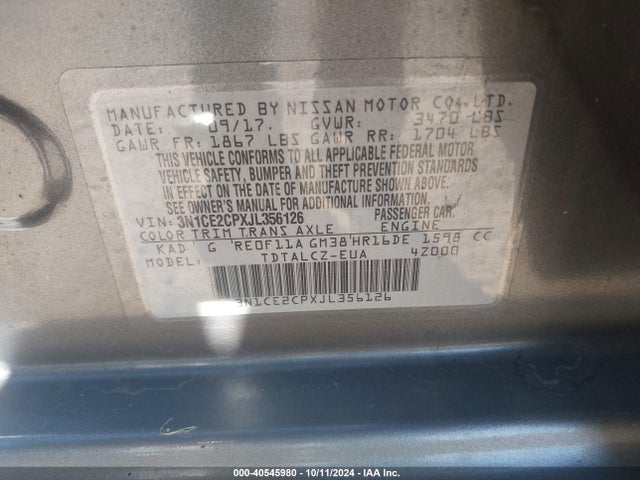 3N1CE2CPXJL356126 Nissan Versa Note S