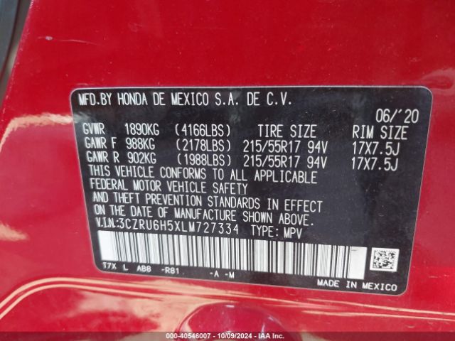 3CZRU6H5XLM727334 Honda Hr-v Awd Ex