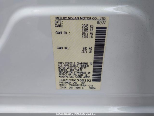 1N4AZ1CV1NC560192 Nissan Leaf Sv 40 Kwh