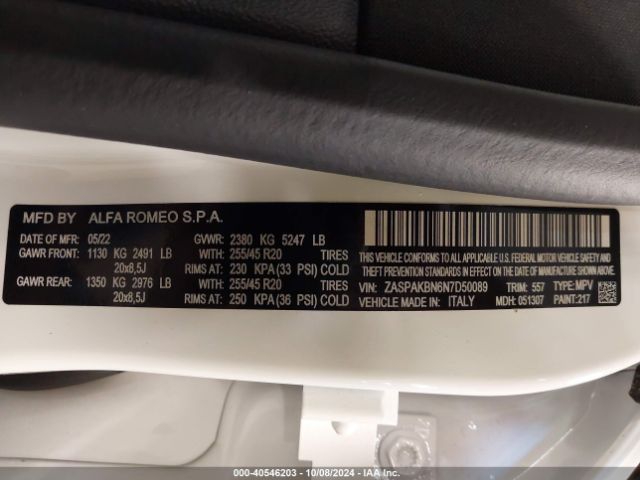 ZASPAKBN6N7D50089 Alfa Romeo Stelvio Veloce Ti Awd