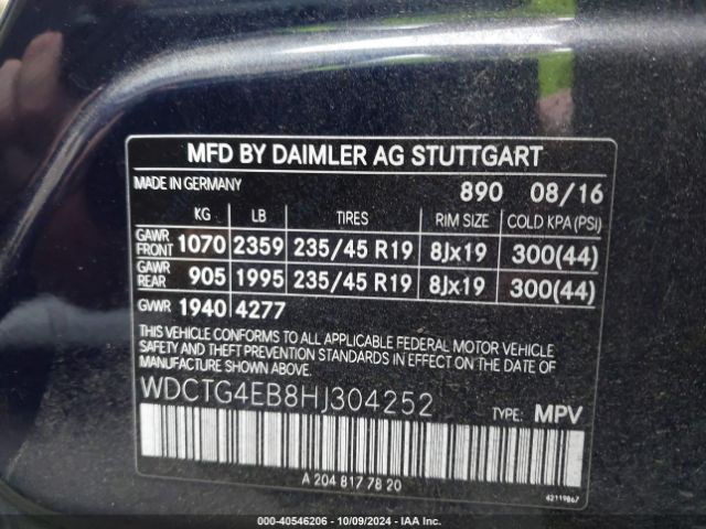 WDCTG4EB8HJ304252 Mercedes-Benz GLA 250