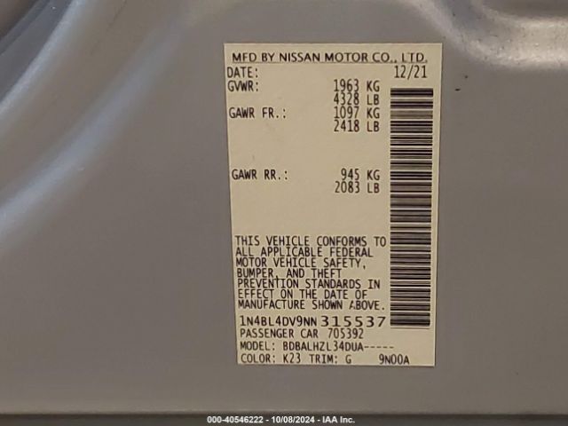 1N4BL4DV9NN315537 Nissan Altima Sv Fwd