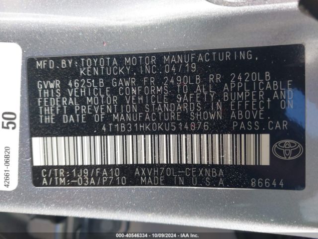 4T1B31HK0KU514076 Toyota Camry Hybrid Le