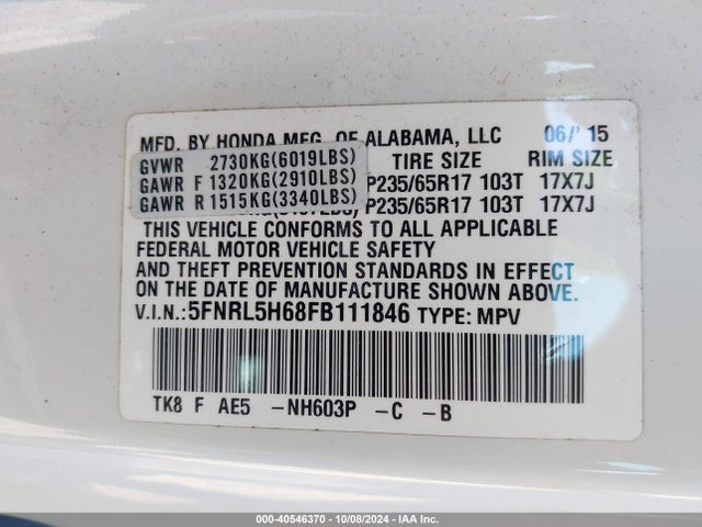 Honda Odyssey Ex-l 2015 5FNRL5H68FB111846 Image 9