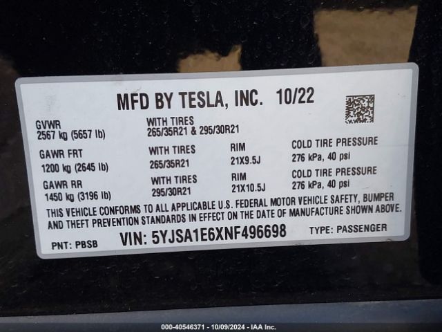 2022 TESLA MODEL S 5YJSA1E6XNF496698 Photo 8