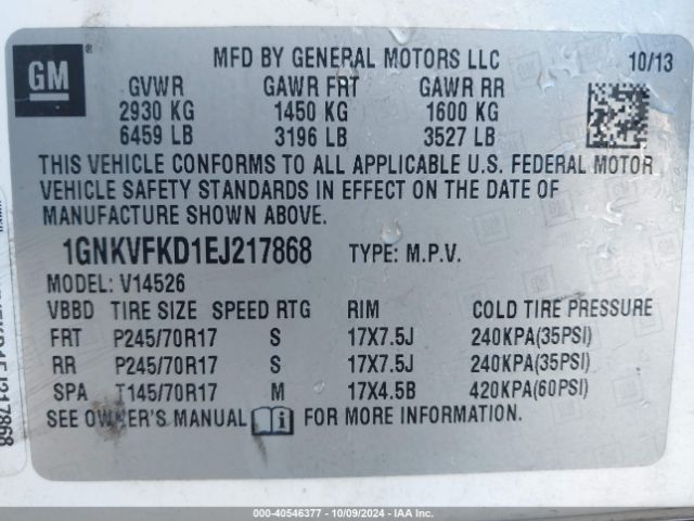 1GNKVFKD1EJ217868 Chevrolet Traverse Ls