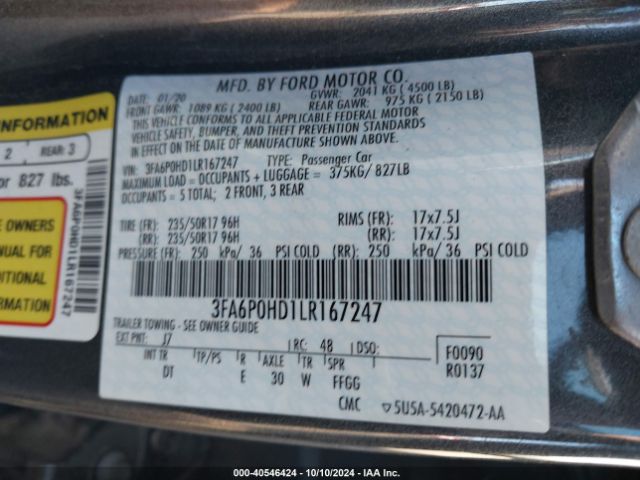 3FA6P0HD1LR167247 Ford FUSION SE