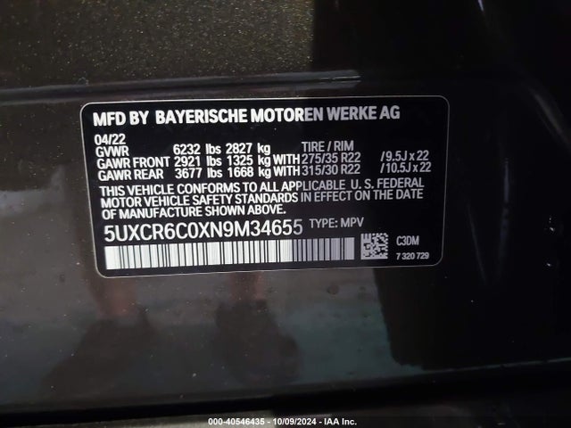 BMW X5 Xdrive40i 2022 5UXCR6C0XN9M34655 Image 9