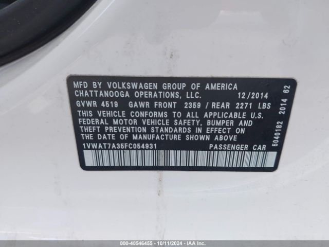1VWAT7A35FC054931 Volkswagen Passat 1.8t Wolfsburg Edition