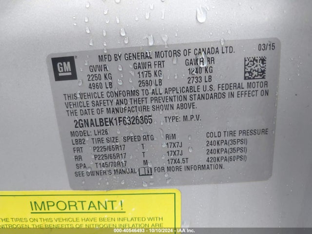 Chevrolet EQUINOX 1LT 2015 2GNALBEK1F6326365 Image 9