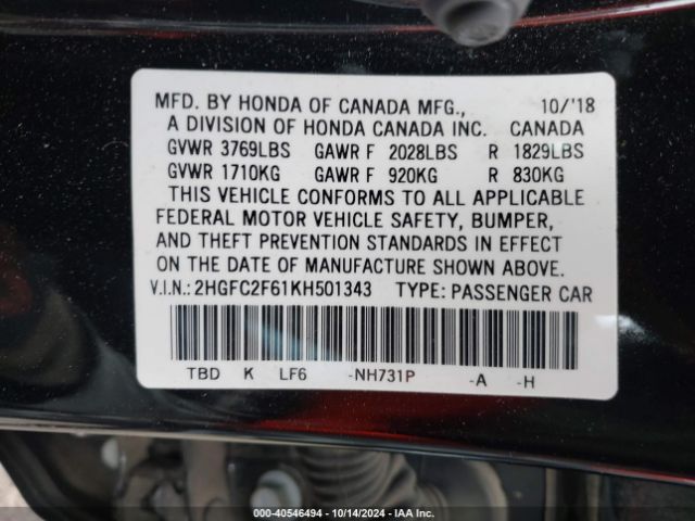 2HGFC2F61KH501343 Honda Civic Lx
