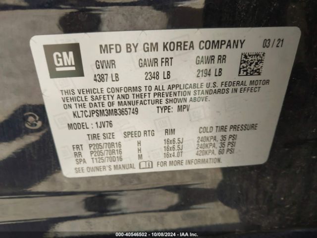 KL7CJPSM3MB365749 Chevrolet Trax Awd Lt