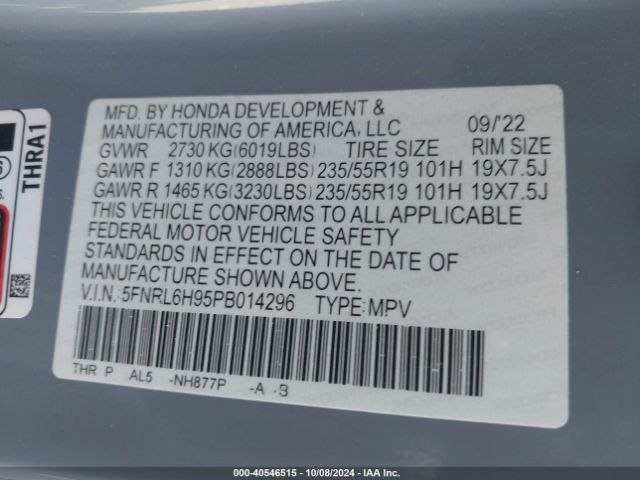 5FNRL6H95PB014296 Honda Odyssey Elite
