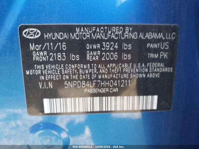 5NPD84LF7HH041211 Hyundai ELANTRA SE
