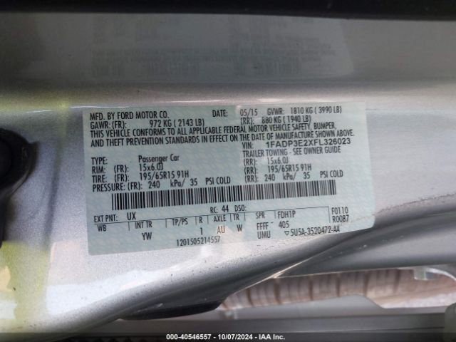 1FADP3E2XFL326023 Ford FOCUS S