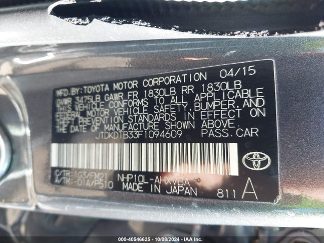Toyota Prius C Two 2015 JTDKDTB33F1094609 Image 9