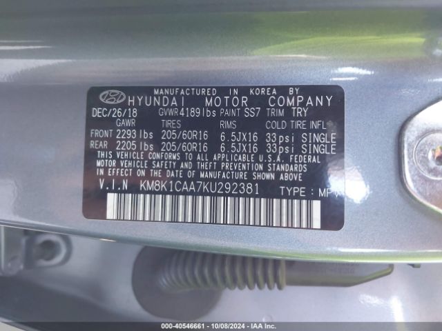 KM8K1CAA7KU292381 Hyundai Kona Se
