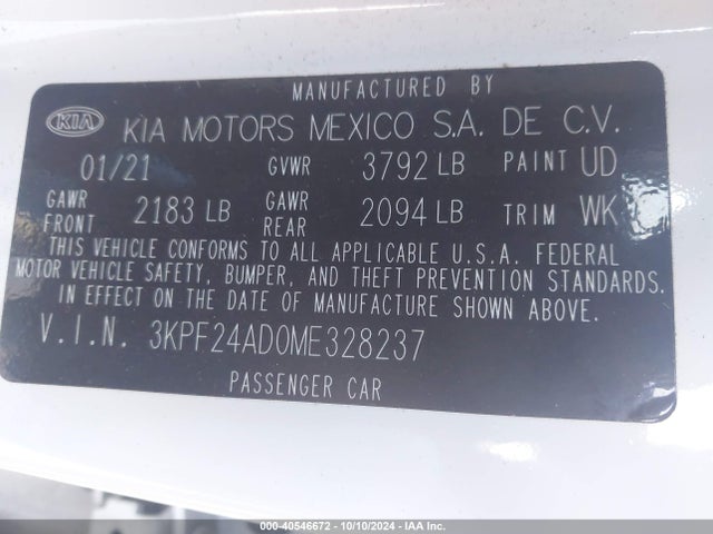 KIA FORTE FE 2021 3KPF24AD0ME328237 Image 9