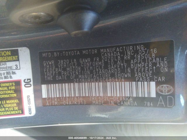 2T1BURHE2GC685474 Toyota COROLLA LE