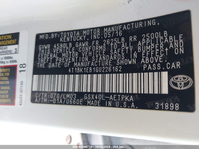 Toyota AVALON LIMITED 2016 4T1BK1EB1GU226162 Image 9
