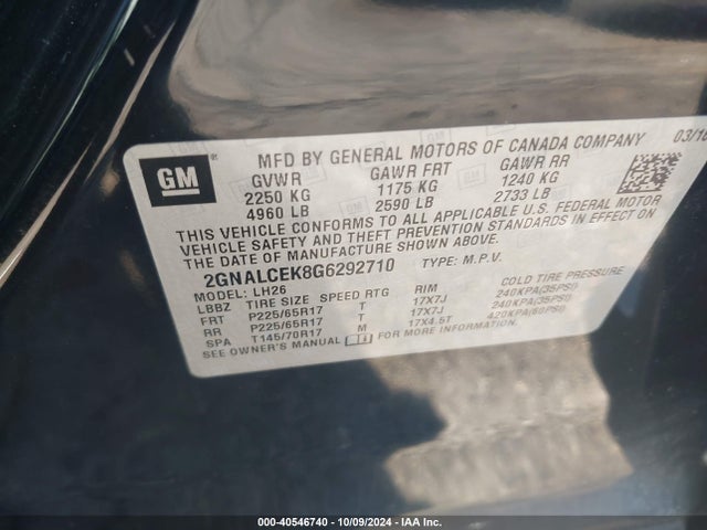 Chevrolet EQUINOX LT 2016 2GNALCEK8G6292710 Image 9