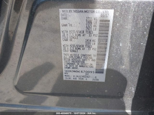 5N1DR2MN0HC670095 Nissan Pathfinder Sl