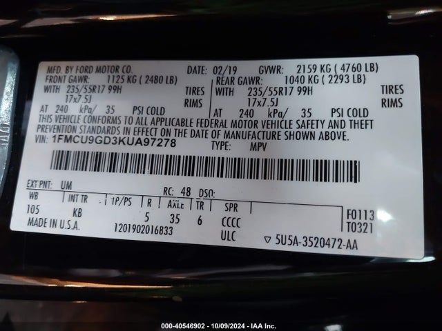 Ford ESCAPE SE 2019 1FMCU9GD3KUA97278 Image 9