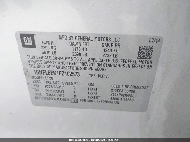 40546929 :رقم المزاد ، 1GNFLEEK1FZ102573 vin ، 2015 Chevrolet Equinox Ls مزاد بيع