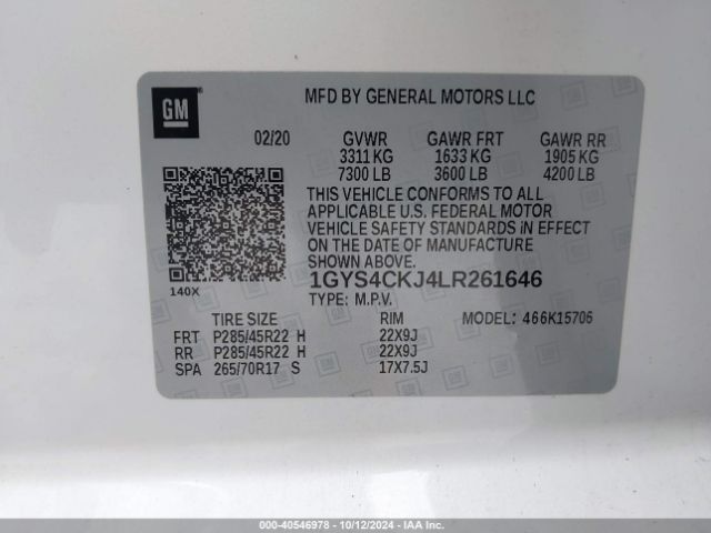 1GYS4CKJ4LR261646 Cadillac Escalade 4wd Premium Luxury