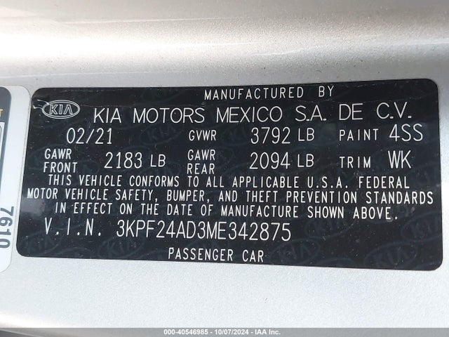 KIA Forte Lxs 2021 3KPF24AD3ME342875 Image 9