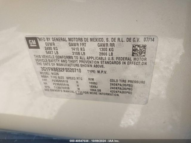 3GYFNBE32FS520710 Cadillac Srx Luxury Collection