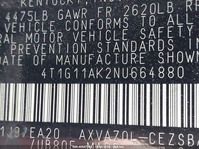 Toyota CAMRY SE 2022 4T1G11AK2NU664880 Image 9