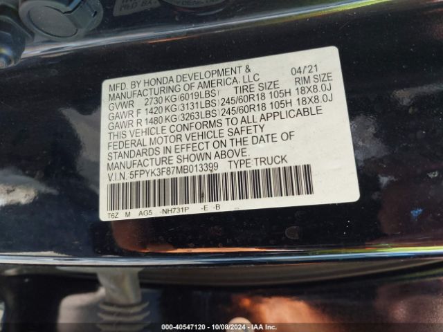5FPYK3F87MB013399 Honda Ridgeline Black Edition