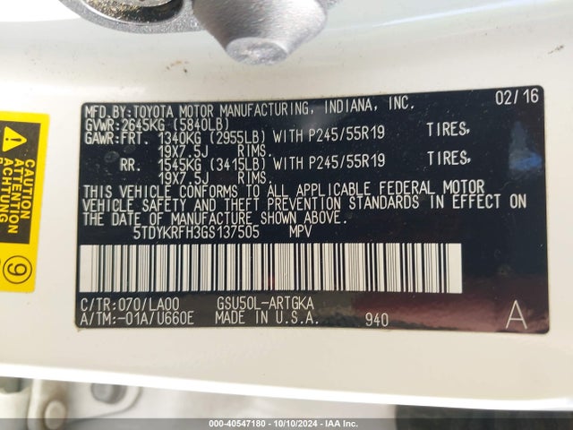 5TDYKRFH3GS137505 Toyota Highlander Limited V6