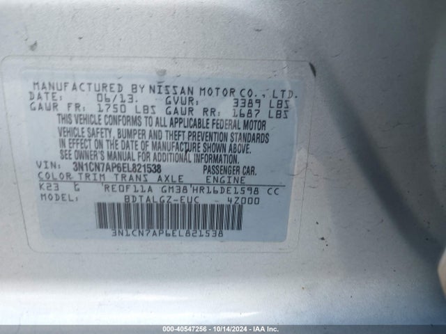 Nissan Versa 1.6 Sl 2014 3N1CN7AP6EL821538 Image 9