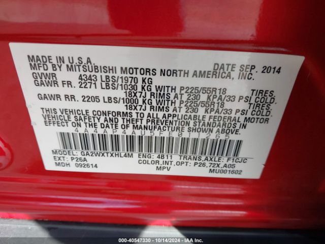 4A4AP4AU5FE011265 Mitsubishi Outlander Sport Se