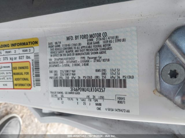 3FA6P0MU4LR104357 Ford Fusion Hybrid Sel