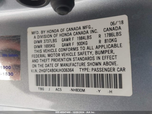 Honda Civic Lx-p 2018 2HGFC4B04JH306364 Image 9