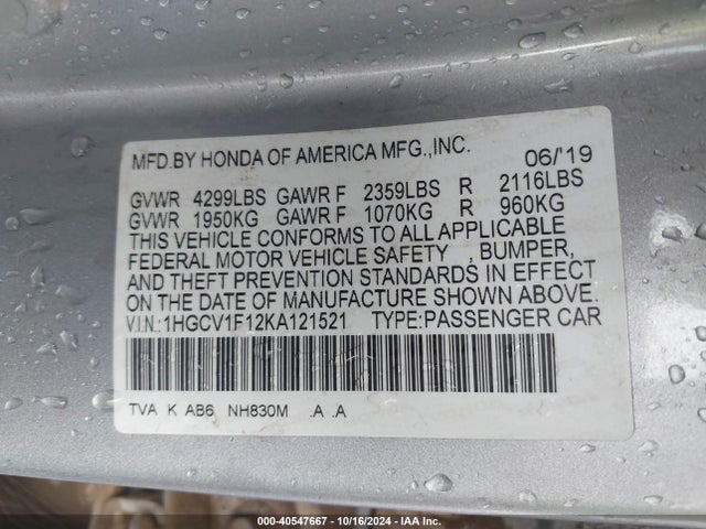 Honda ACCORD LX 2019 1HGCV1F12KA121521 Image 9