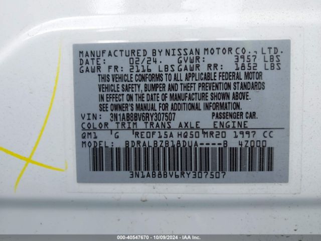 3N1AB8BV6RY307507 Nissan Sentra S Xtronic Cvt