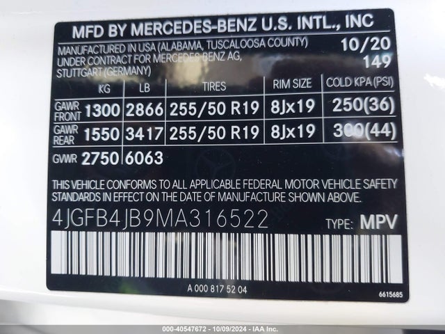 4JGFB4JB9MA316522 Mercedes-Benz GLE 350