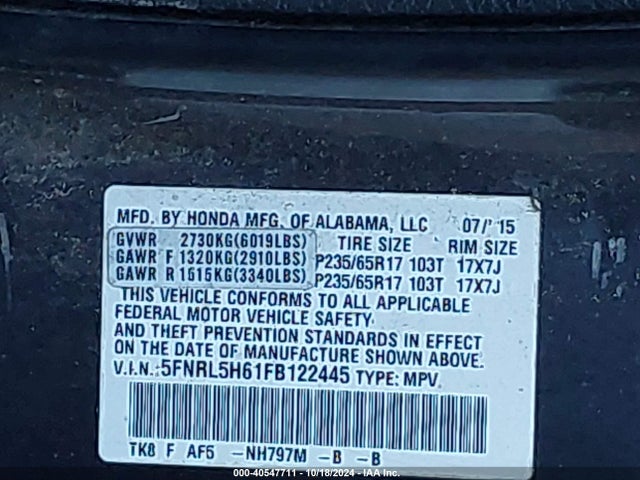 Honda Odyssey Ex-l 2015 5FNRL5H61FB122445 Image 9
