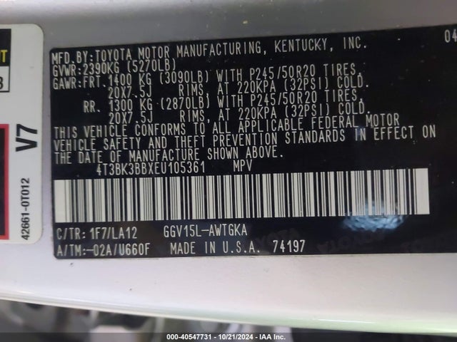 Toyota Venza Limited V6 2014 4T3BK3BBXEU105361 Image 9