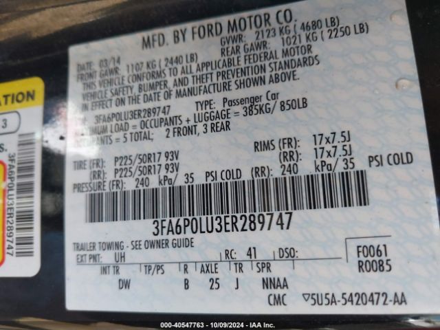 3FA6P0LU3ER289747 Ford Fusion Hybrid Se